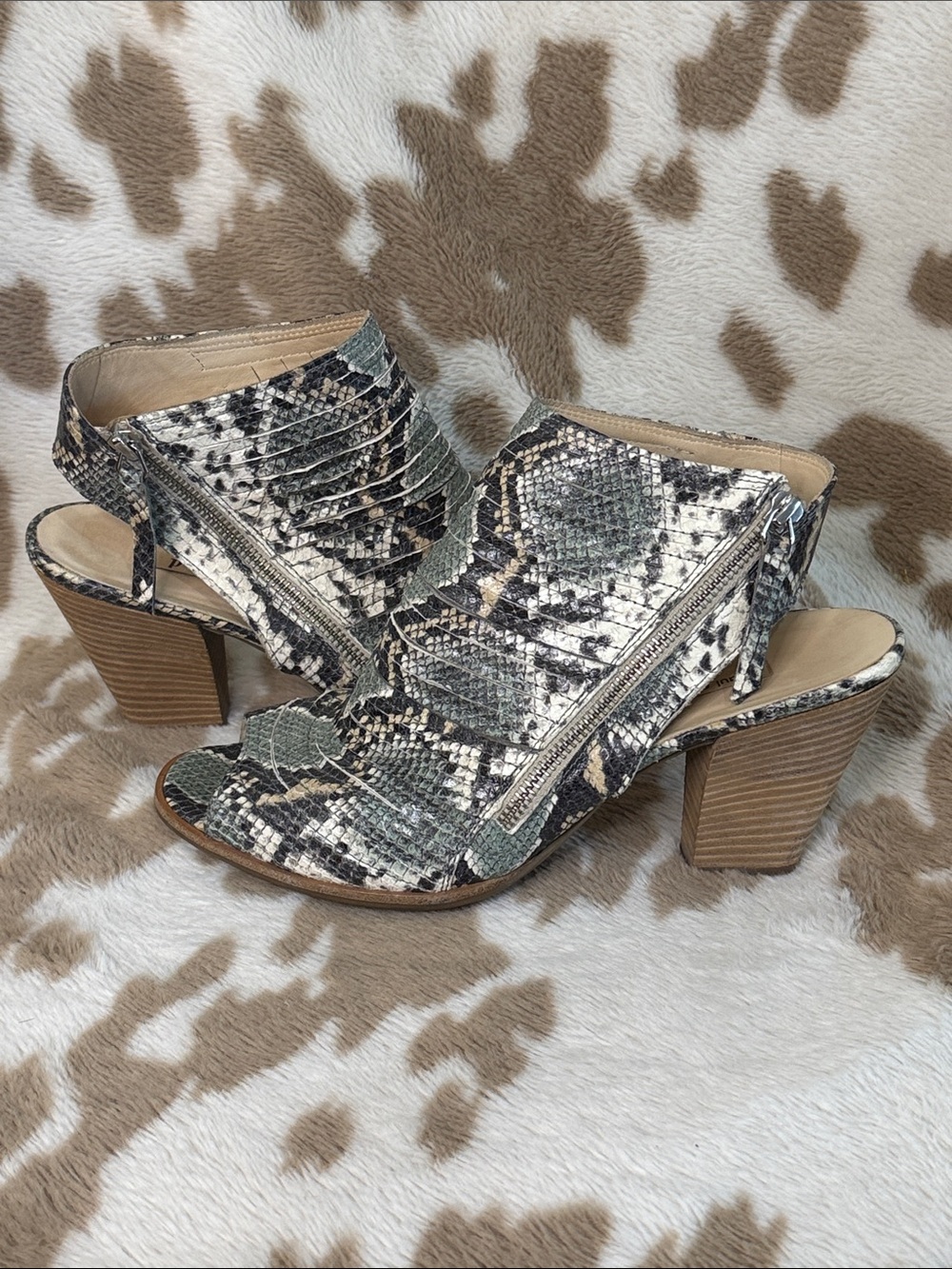 Paul Green Snake-Print Peep Toe Block Heel Sandals - Green/Gray